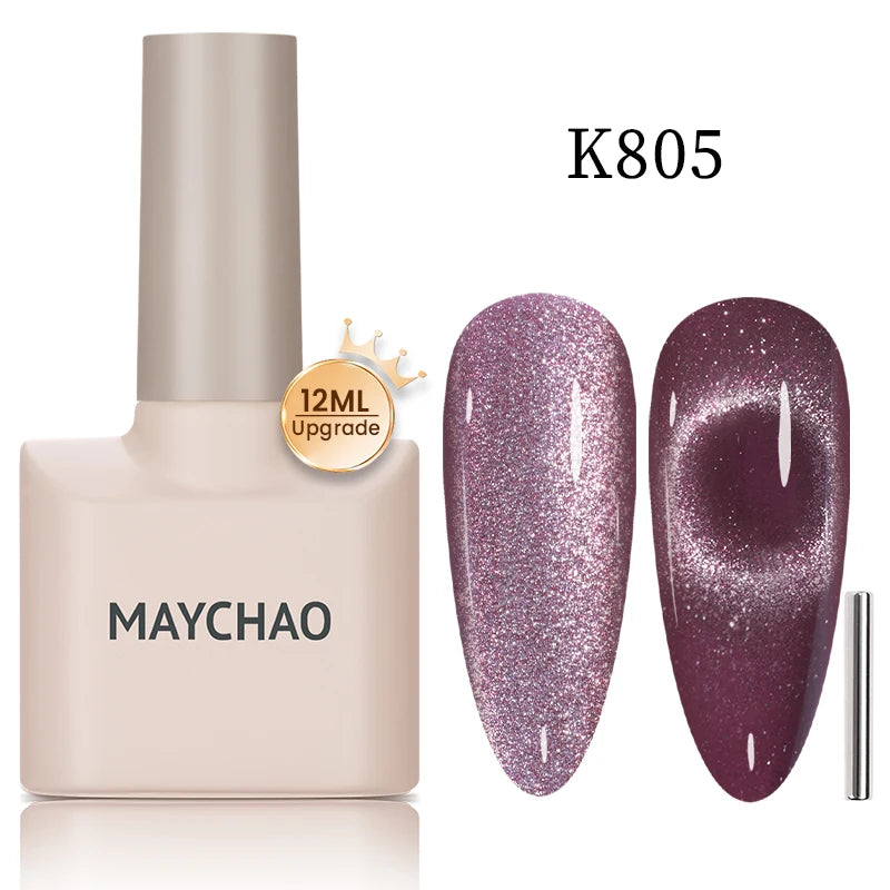 MAYCHAO 12ML Cat Eye Gel Nail Glitter With Magnet Soak off UV Holographic Magnetic Rainbow Gel Polish for Nail Art DIY Manicure