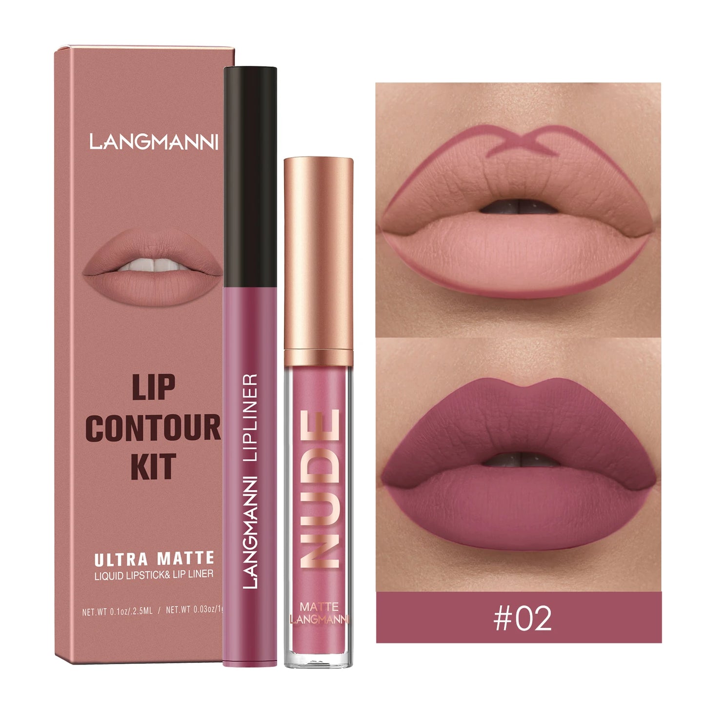 2Pcs Lip Gloss and Lip Liner Set, Matte Finish Non-Stick Cup Long-Lasting Lip Color and Liner Combo, Perfect for Defined Lips