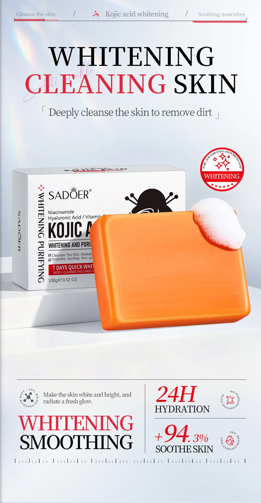 Kojic Acid Whitening Cleansing Soap, Facial And Body Soap Containing Niacinamide And Hyaluronic Acid, With A Foaming Net.