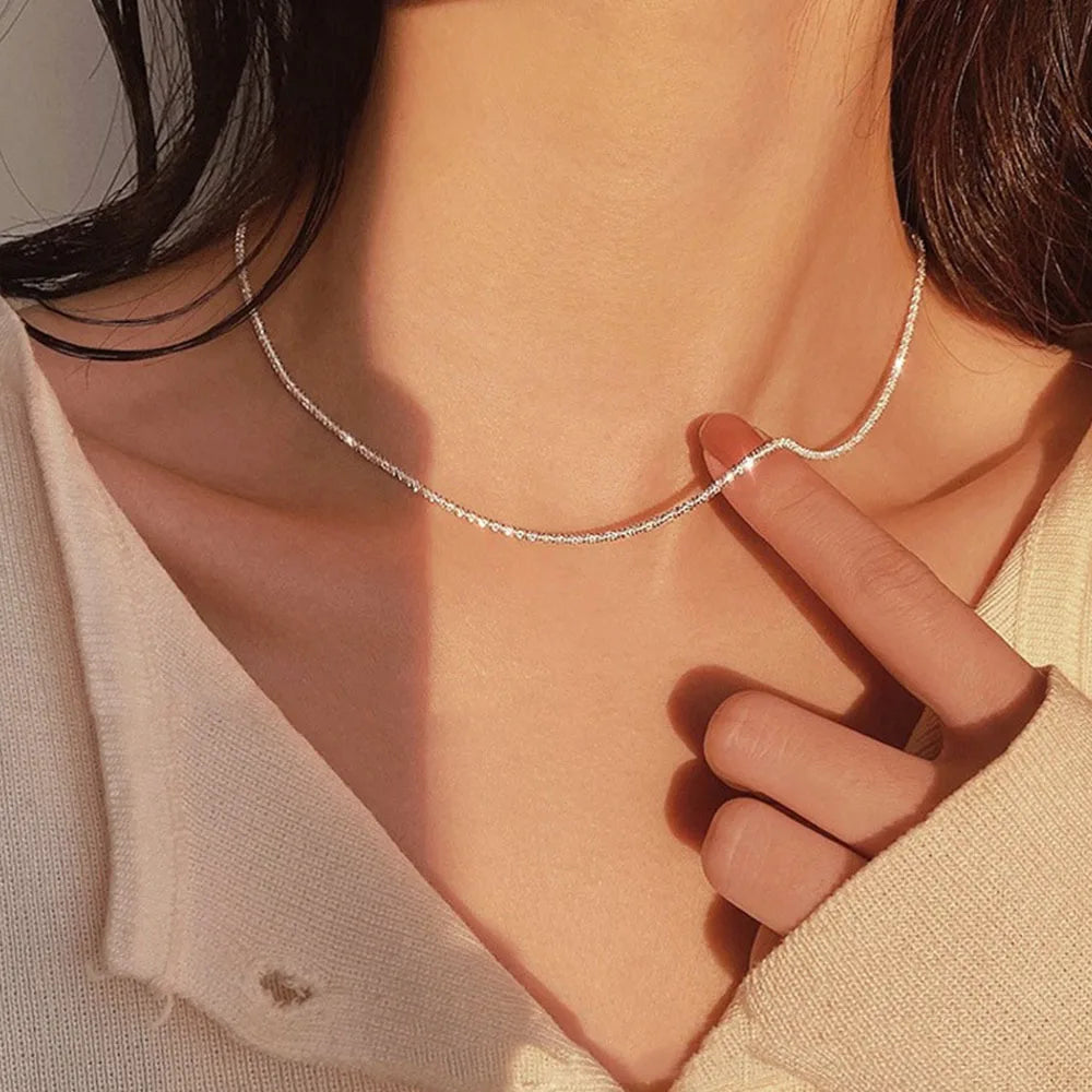 S925 Sterling Silver Necklace 2mm Sparkling Collarbone, Sweater Chain, High Charm Jewelry Gift Women