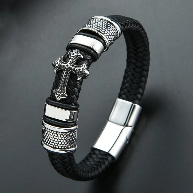 MKENDN Punk Style Stainless Steel Cross Leather Bracelet Men Charm 16 Strand Woven Leather Bracelet Magnet Clasp Boyfriend Gifts