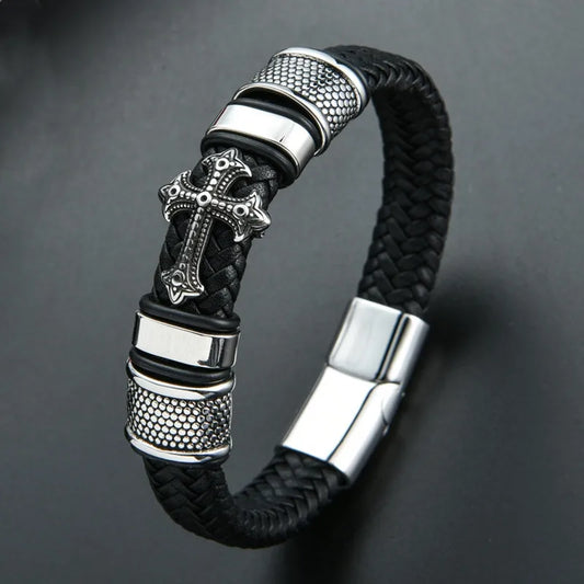 MKENDN Punk Style Stainless Steel Cross Leather Bracelet Men Charm 16 Strand Woven Leather Bracelet Magnet Clasp Boyfriend Gifts