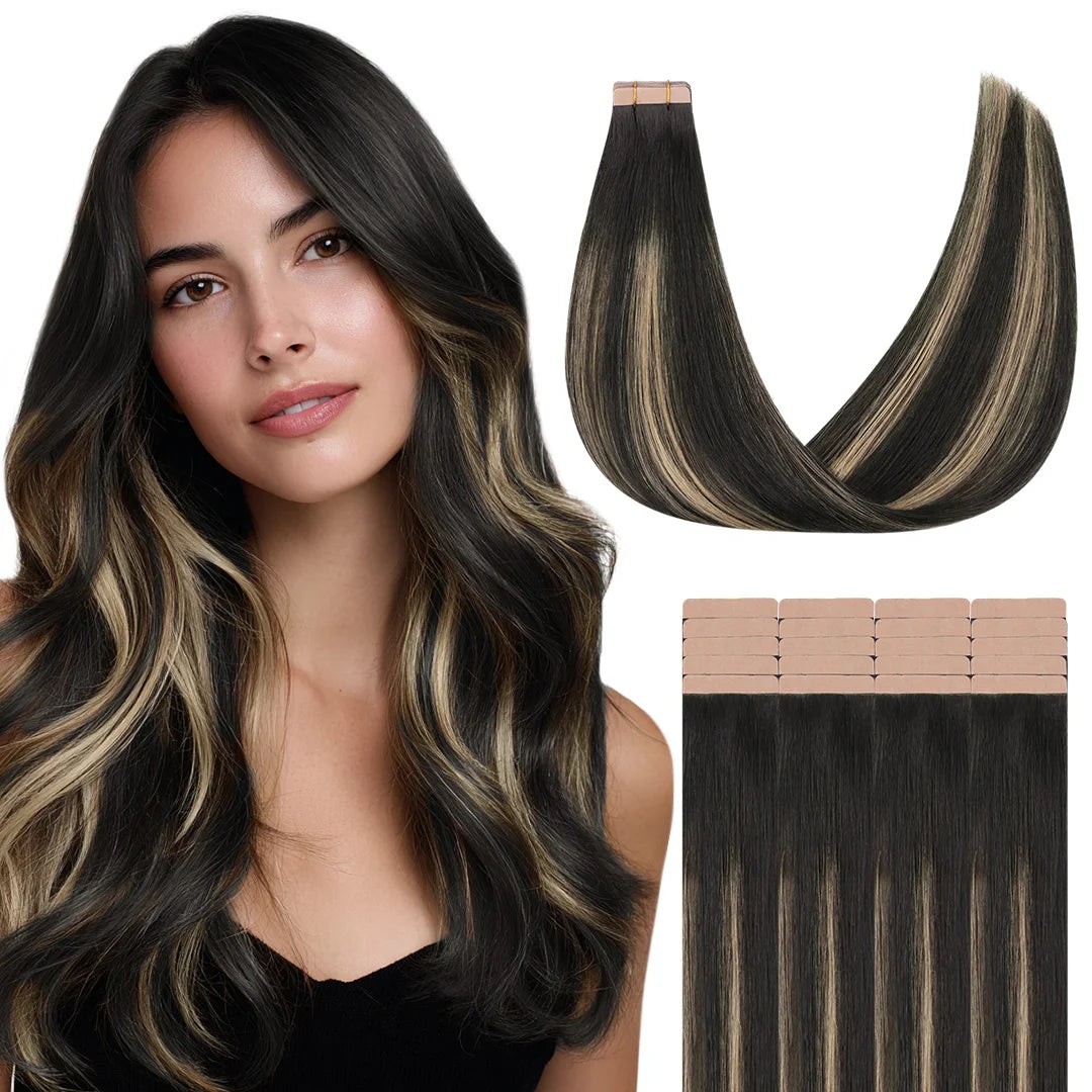 Sunmofavo Tape In Remy Human Hair Extensions 20PCS Seamless Skin Weft Reusable Full Head Fashion Easy Install Daily Hair