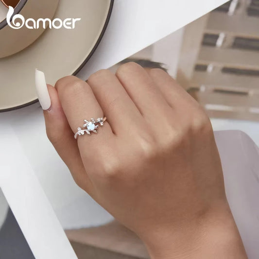 BAMOER 925 Sterling Silver Leaf Ring White Opal Rings Elegant Vine Ring for Women Birthday Gift with Jewelry Box BSR309