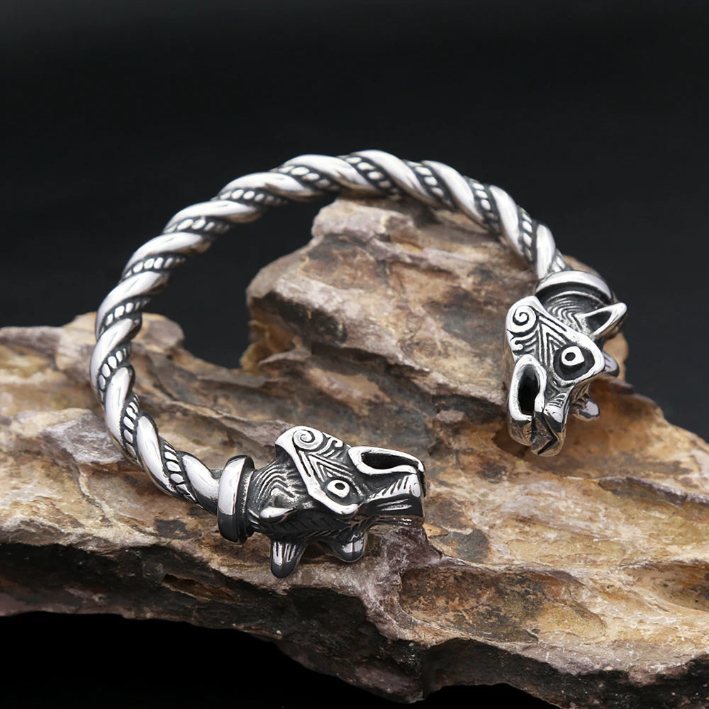 Nordic Viking Stainless Steel Wolf Head Bracelet For Men Women Vintage Fashion Animal Cuff Bangles Biker Jewelry Gifts Wholesale