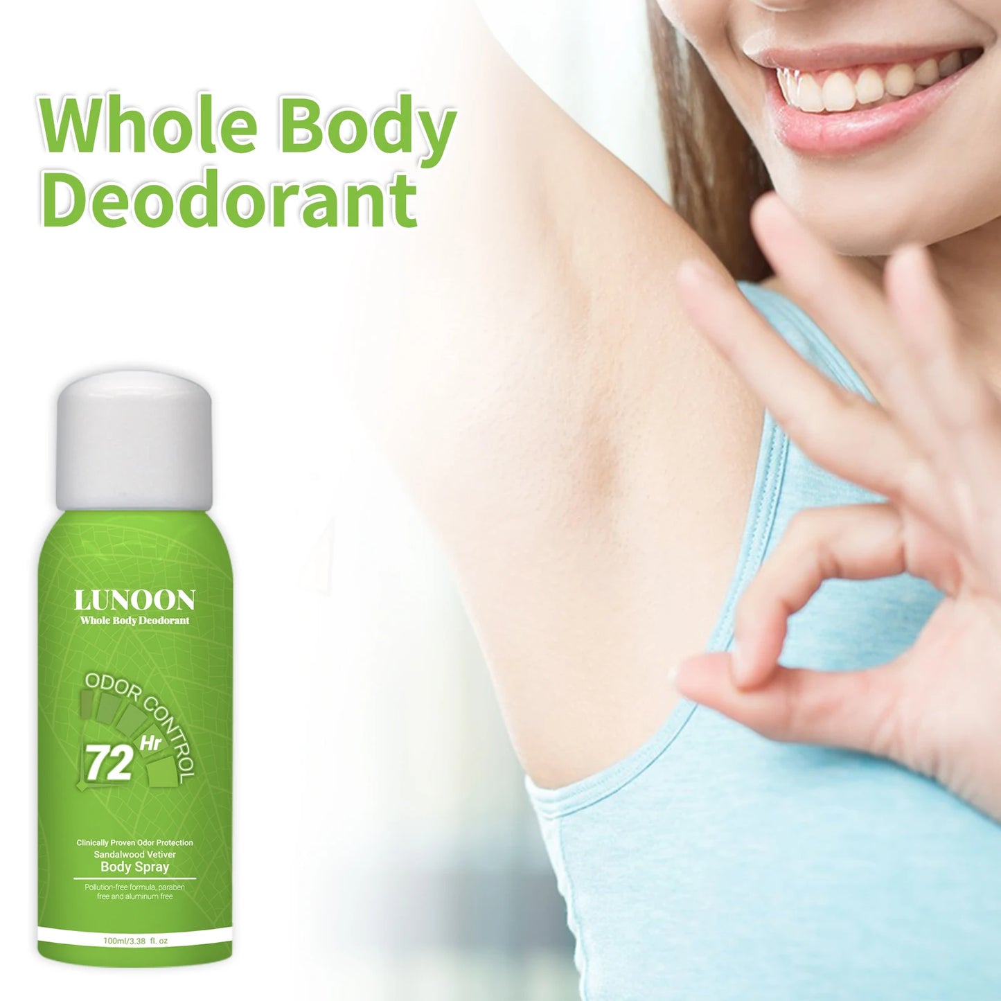 LUNOON Whole Body Deodorant Spray 100ml Underarm Foot Odor Eliminator Long Lasting Freshness Men Women Travel Essential