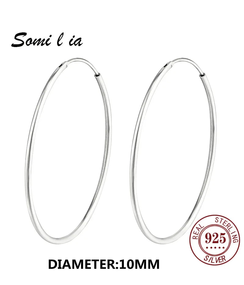 SOMILIA 925 Sterling Silver Platinum Big Hoop Earrings for Women Real Money Jewelry Female Fashion Womens Fine Earrings 10-90mm