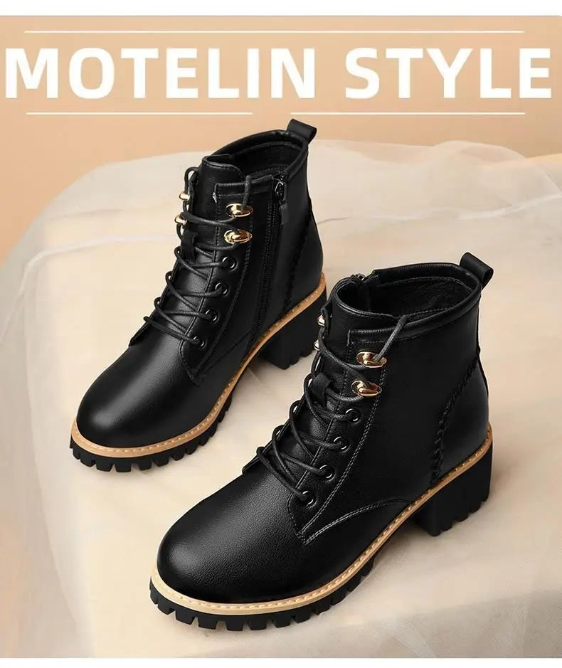 Women Shoes Boots Ankle 2022 New Autumn British Wind Genuine Leather Thick With Fur Ladies Short Boots Motorcycle heels boots