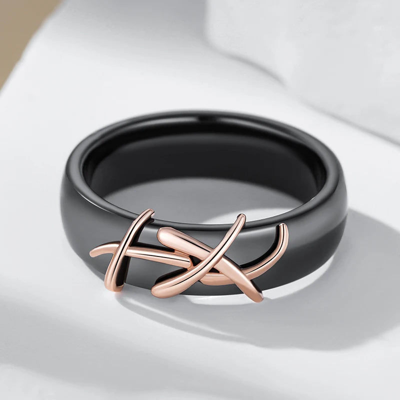 Kinel Fashion 585 Rose Gold Color Black Ceramics Ring For Women Creative Branches Accessories High Quality Daily Fine Jewelry