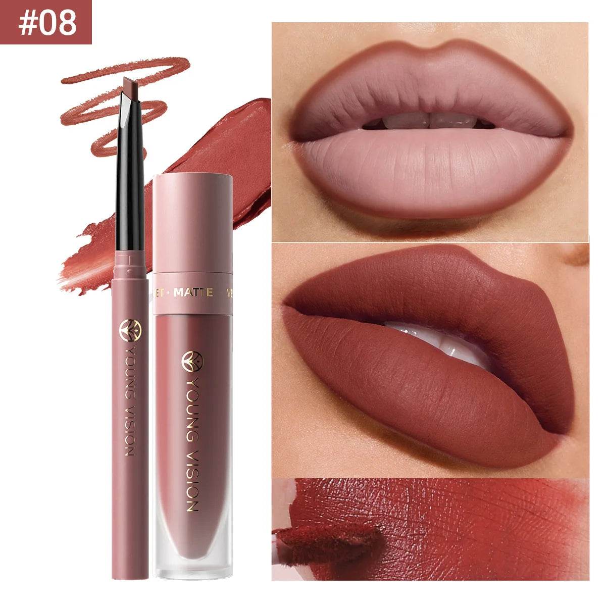 2Pcs Lip Gloss and Lip Liner Set, Matte Finish Non-Stick Cup Long-Lasting Lip Color and Liner Combo, Perfect for Defined Lips
