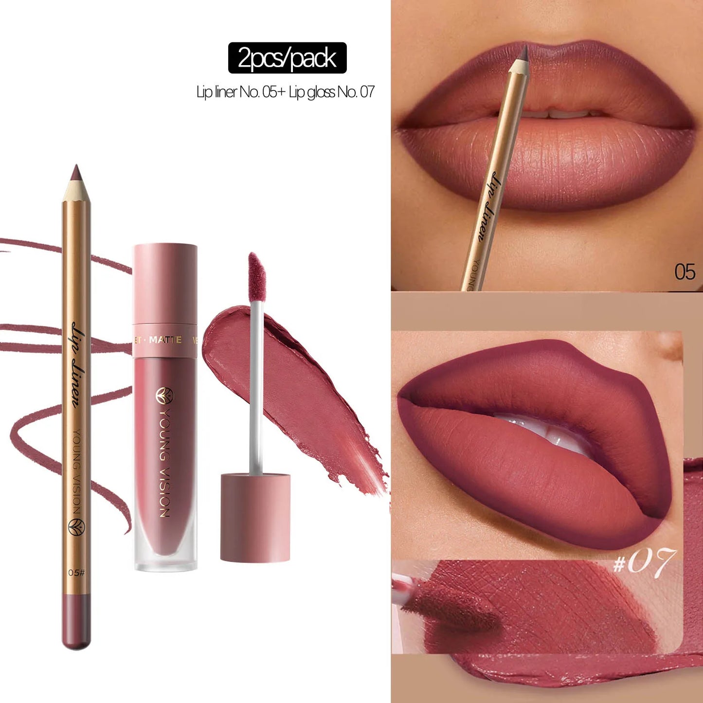 Lip Gloss and Lip Liner Set, Long-Lasting Matte Finish, Smooth and Precise Lip Liner with Non-Stick, Smudge-Proof Lip Gloss
