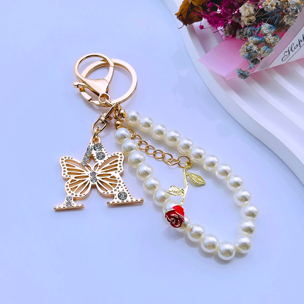 Exquisite Initial A-Z 26 Butterfly Capital Letters Red Rose Keyring Crystal Resin Pearl Beaded Keychain Bag Pendant Women Gift