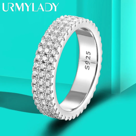 URMYLADY Full Moissanite Ring 925 Sterling Sliver Plated 18k Eternity Band Hip Hop Rings for Woman Man Party Sparkling Jewely