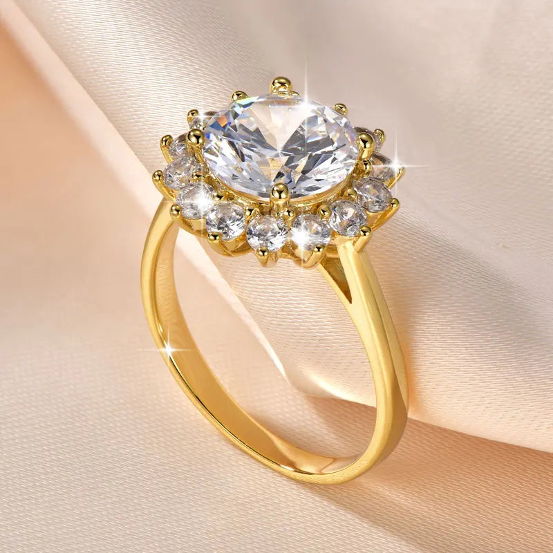 Rrjzz 9MM CZ Lab Diamond Sunshine Flower Ring 5A Cubic Zirconia Sunflower Ring for Women Valentine's Day Birthday Jewelry Gifts