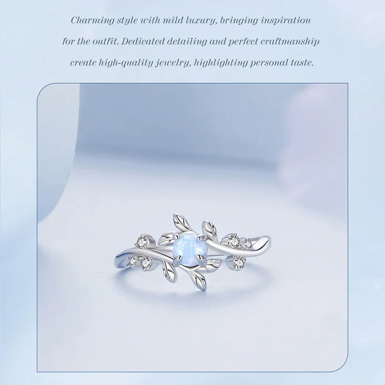 BAMOER 925 Sterling Silver Leaf Ring White Opal Rings Elegant Vine Ring for Women Birthday Gift with Jewelry Box BSR309