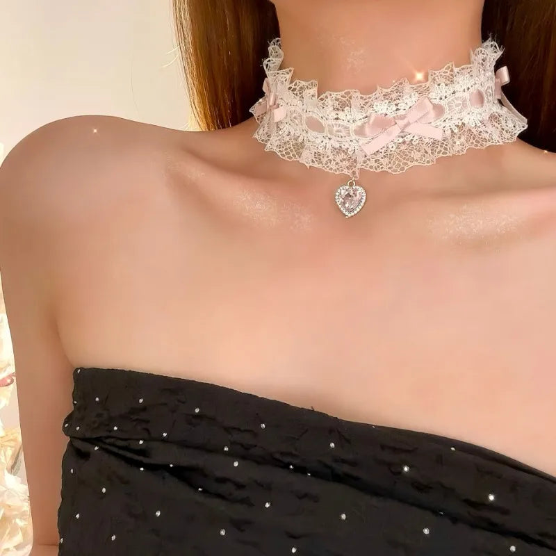 Pink Lace Bow Chokers Necklaces for Women Lolitas Heart Pendant Necklace Wide Ribbon Collar Cosplay Uniform Accessories