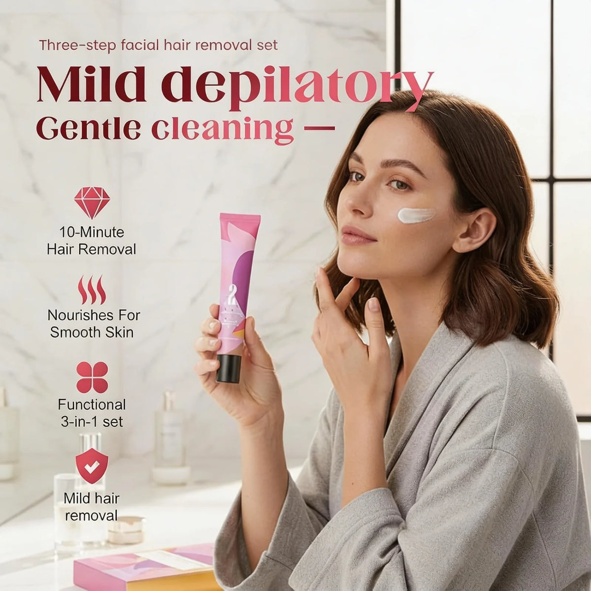 Facial Hair Removal Cream for Three Step Kit Lip Chin Upper Lip Women Home Use Gentle With Softening Gel Soothing Lotion