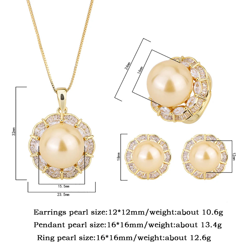 Luxury 12-16mm Pale Gold Color Pearl Lab Diamond Pendant Necklace Ring Earrings Women Party Jewelry Sets Elegant Birthday Gift