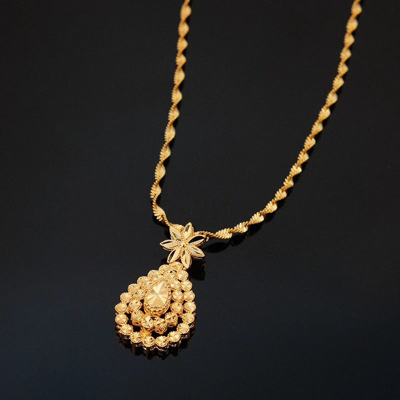 Luxury Gold Teardrop Jewelry Set Star Flower Pendant Necklace Hook Earrings 24K Gold Plated Dubai Style Bridal Wedding Jewelry