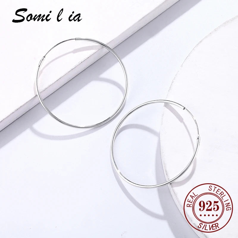 SOMILIA 925 Sterling Silver Platinum Big Hoop Earrings for Women Real Money Jewelry Female Fashion Womens Fine Earrings 10-90mm