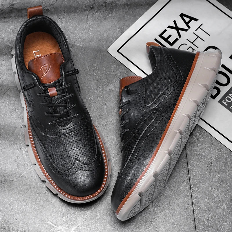 Men's Leather Casual Sneakers Brogue Shoes Stylish Oxford Shoes Brown with Brown Accents Lace-Up Big Size 50 51 52 Dropshiping