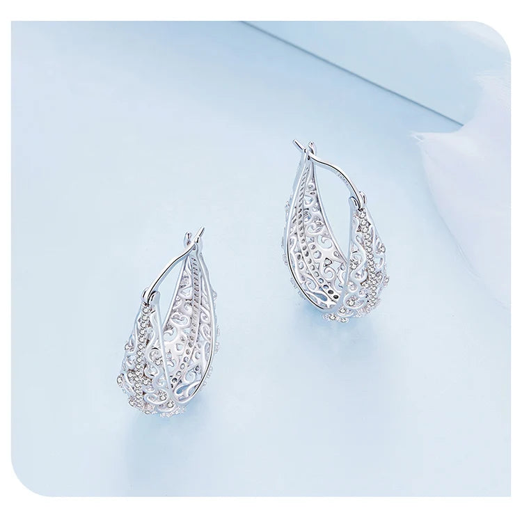 Bamoer 925 Sterling Silver Decorative Vine Hollow Pattern Hoop Earrings Waterdrop Shape Ear Buckles for Women Luxury Jewelry