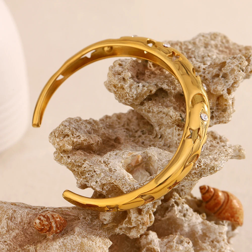 MamacitaSlay 316L Stainless Steel Star Moon Zircon Open Bracelet Party Waterproof 18K Gold Plated Jewelry Women's Charm Bracelet