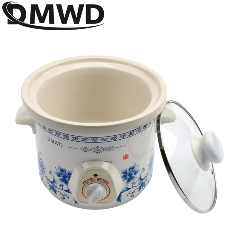 DMWD 1.5L Household Electric Mini Slow Cooker Mechanical/Smart Timer Stewing Soup Porridge Pot Ceramic Linner Food Cooking Maker