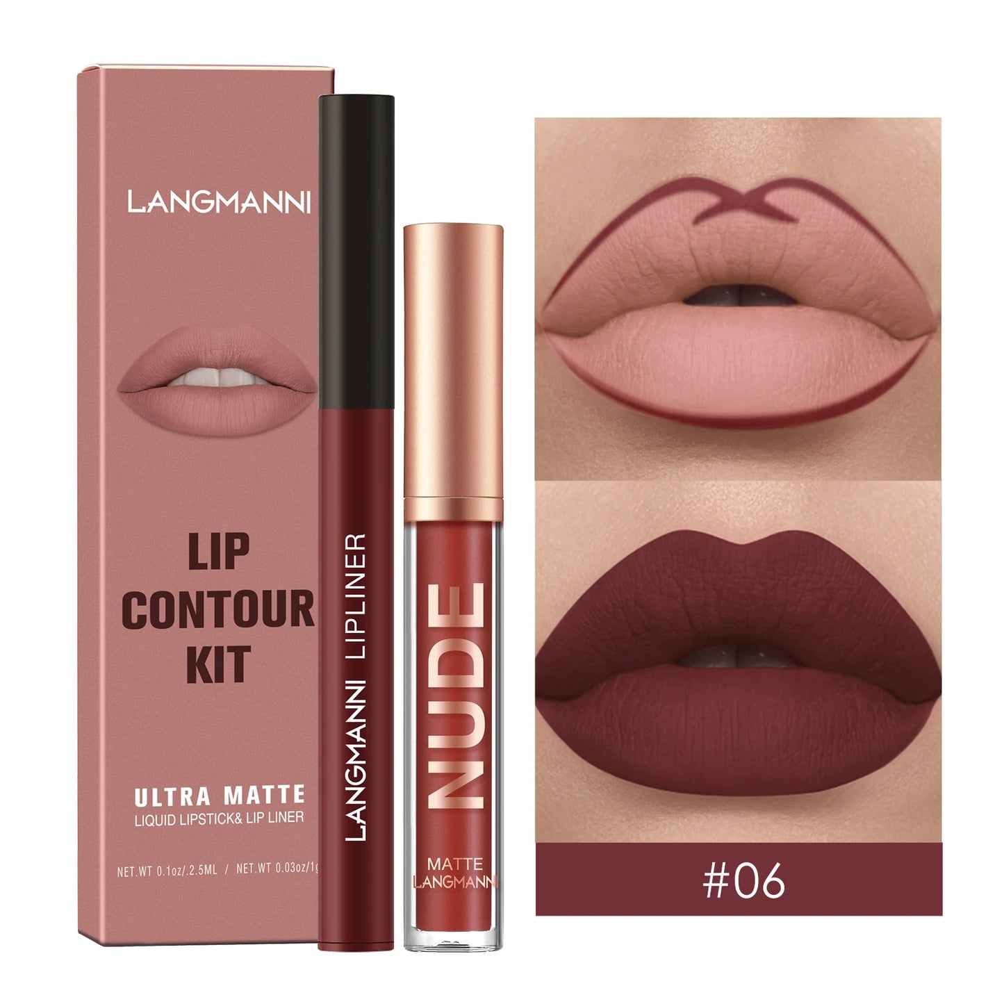 2Pcs Lip Gloss and Lip Liner Set, Matte Finish Non-Stick Cup Long-Lasting Lip Color and Liner Combo, Perfect for Defined Lips