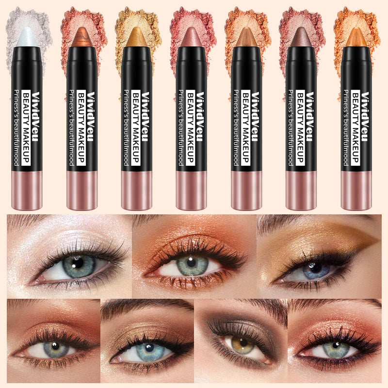 VividVeu 6 Colors Shimmer Earth Tone Eyeshadow Stick Set, Long-Lasting Cream Metallic Eye Shadow Pencil.