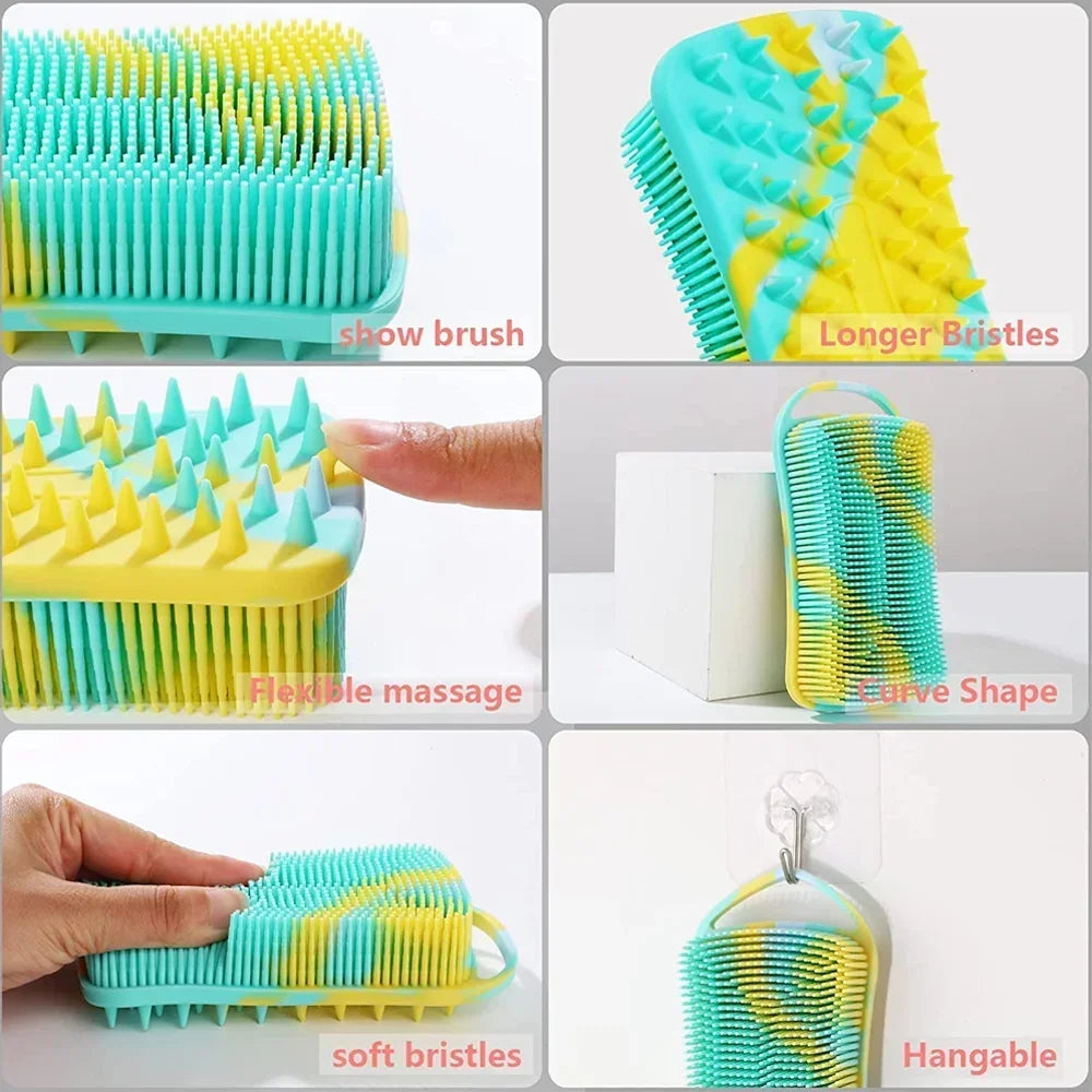 2 in 1 Silicone Shower Brush Scrubber Double-Sided Soft Silicone Scalp Massager Shampoo Body Bath Brushes Foam Skin Clean Tools