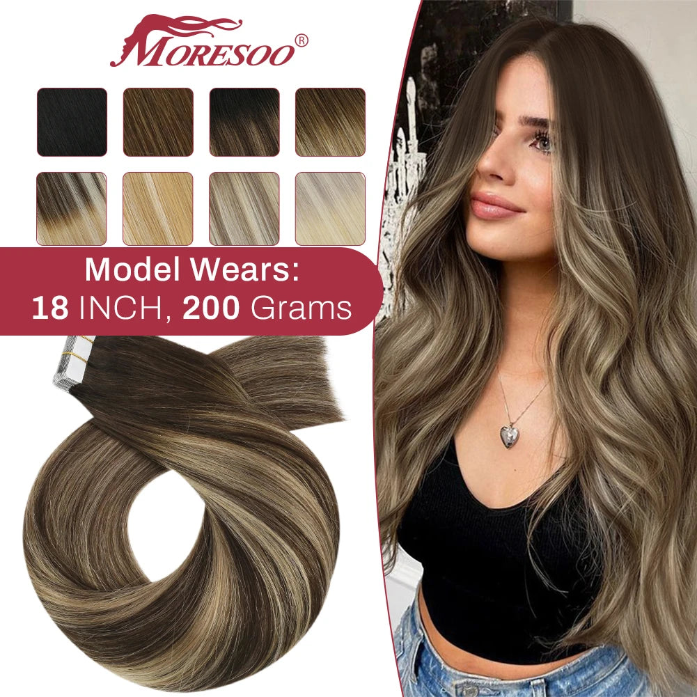 Moresoo 25G Tape in Human Hair Extensions 10 Pieces Natural Straight Remy Hair 14-24inches Blonde Hair Tape in Hair Extensions
