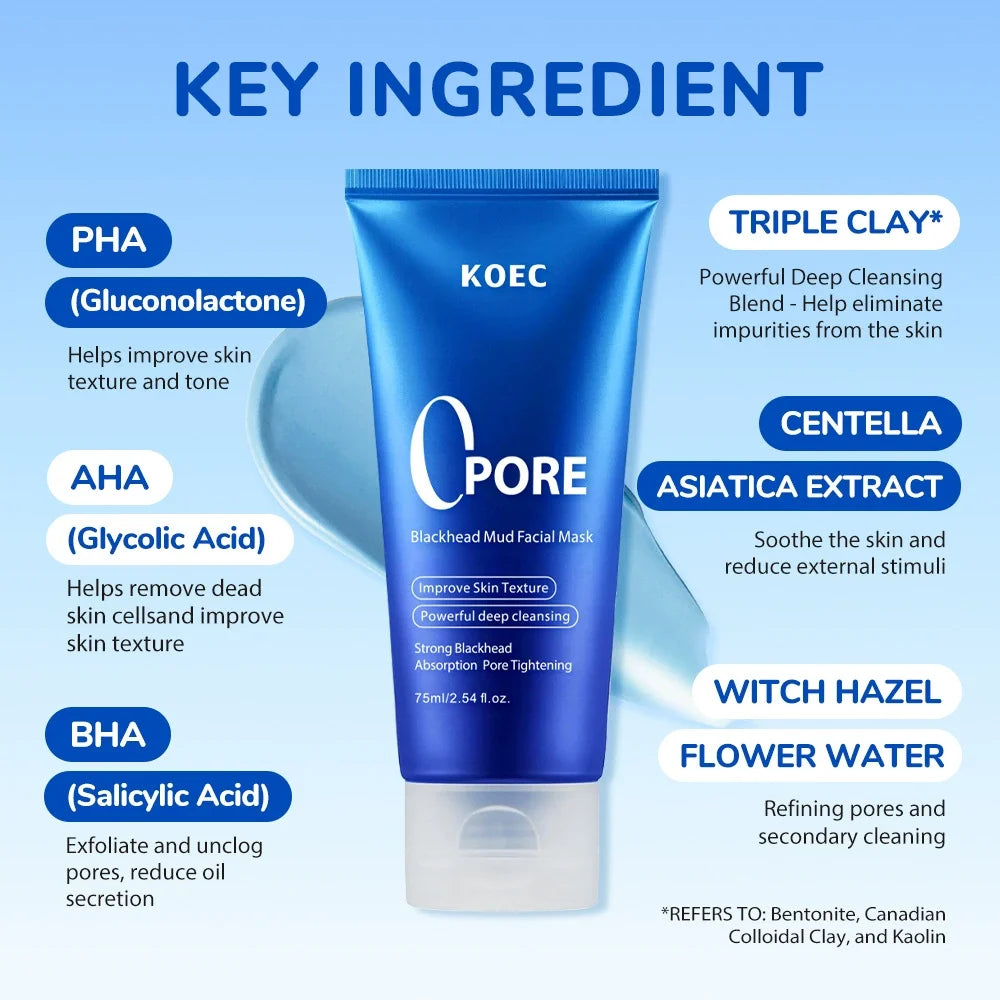 75ml KOEC Zero Pore Blackhead Blue Mud Facial Mask Deep Cleansing Tightening Oil Control PHA AHA Salicylic Acid Plant Extrats