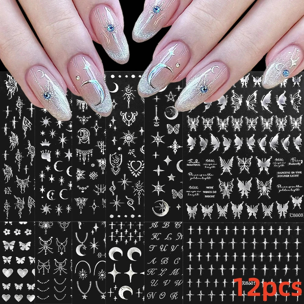 7pcs/Set Bronzing Gold/Silver Nail Art Sticker Sun Stars Moon Design Nail Decals 8*10CM Laser Bohemia Self-Adhesive Slider NLS