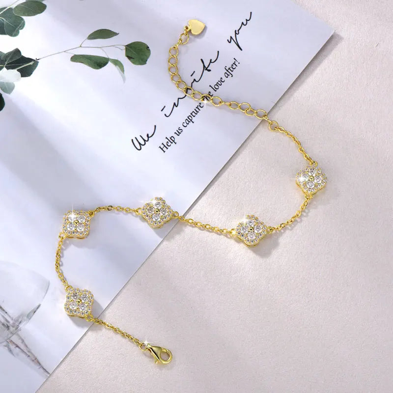 Rrjzz Clover Moissanite Women Bracelet D Color VVS1 Lab Imitation Diamond Round Cut Four Leaf Bracelet Jewelry GRA Certificated