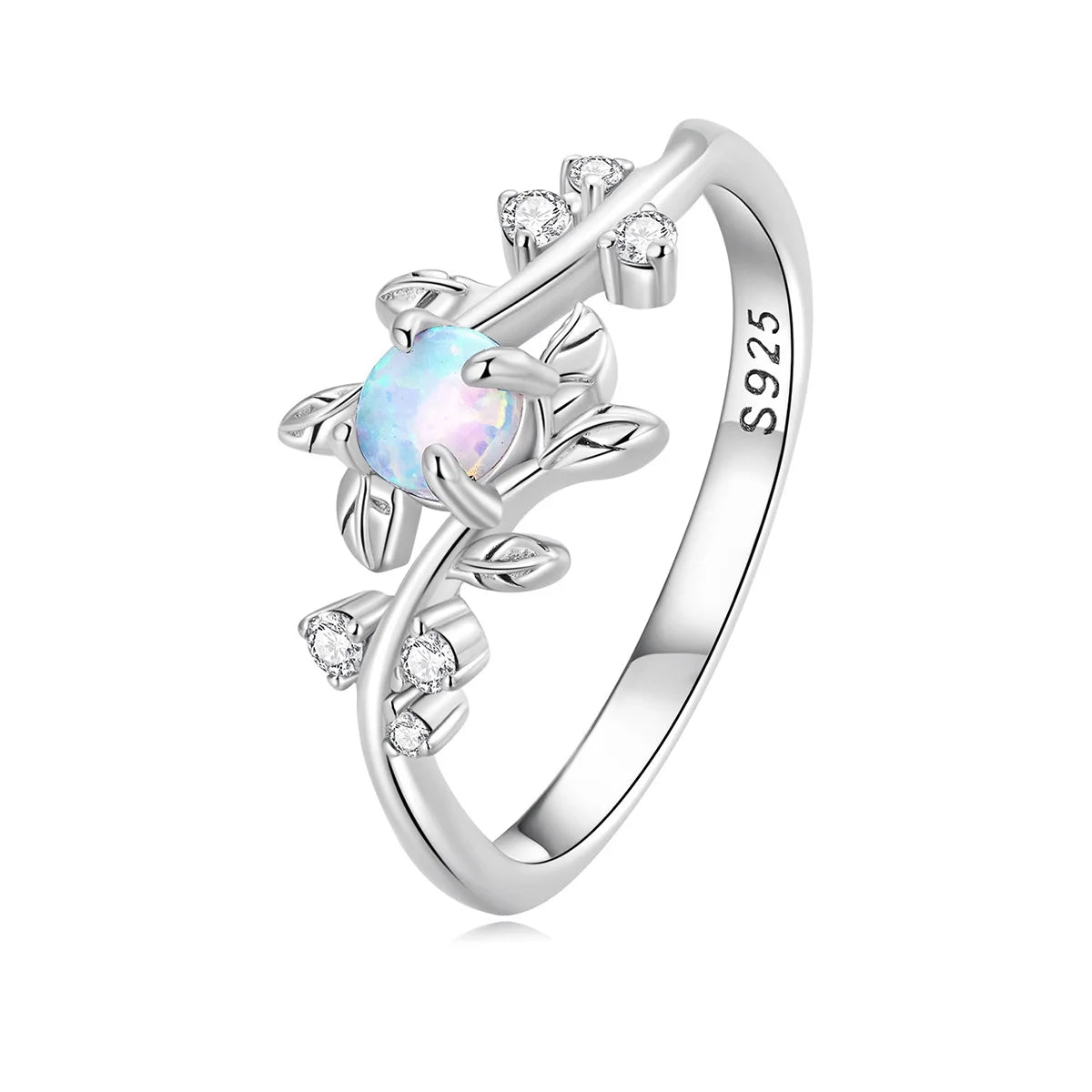 BAMOER 925 Sterling Silver Leaf Ring White Opal Rings Elegant Vine Ring for Women Birthday Gift with Jewelry Box BSR309