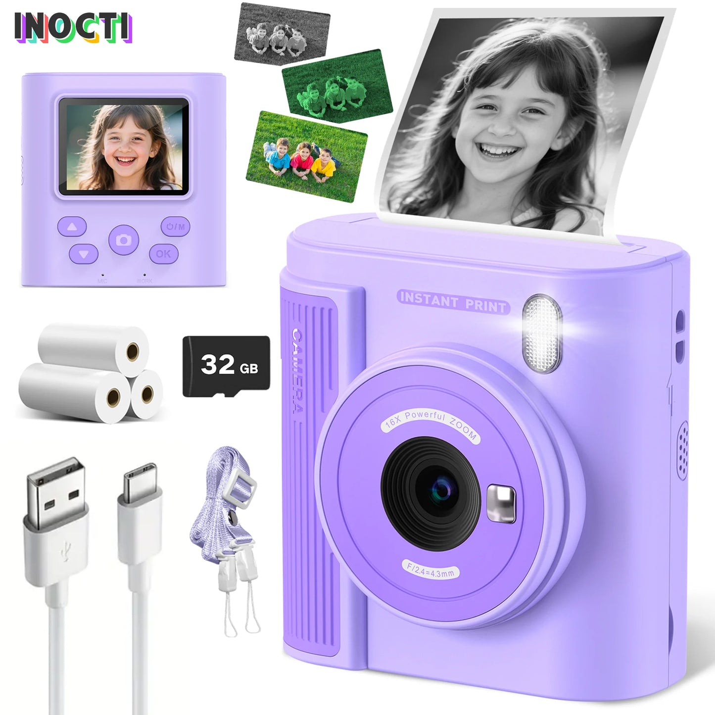 INOCTI Kids Print Camera, Toddler Digital Camera, Three printing paper&32G Card, for Girls Boys Christmas Birthday Gifts