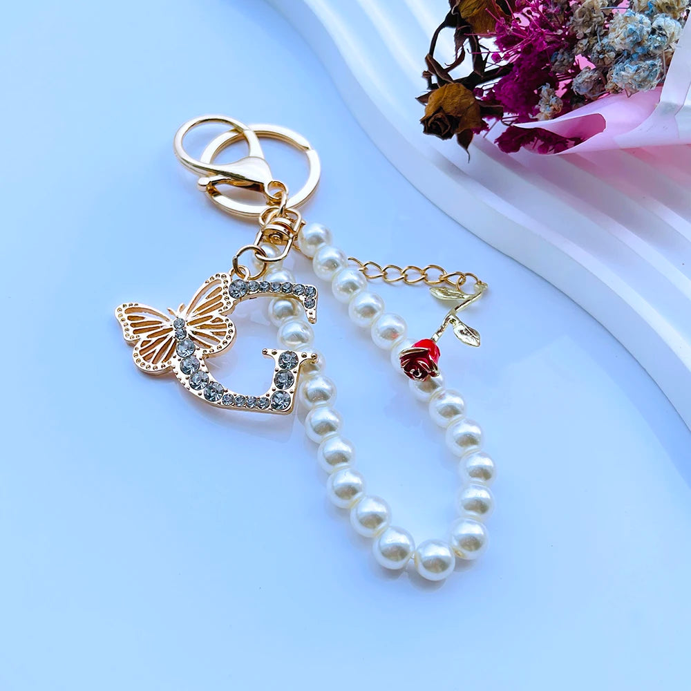 Exquisite Initial A-Z 26 Butterfly Capital Letters Red Rose Keyring Crystal Resin Pearl Beaded Keychain Bag Pendant Women Gift