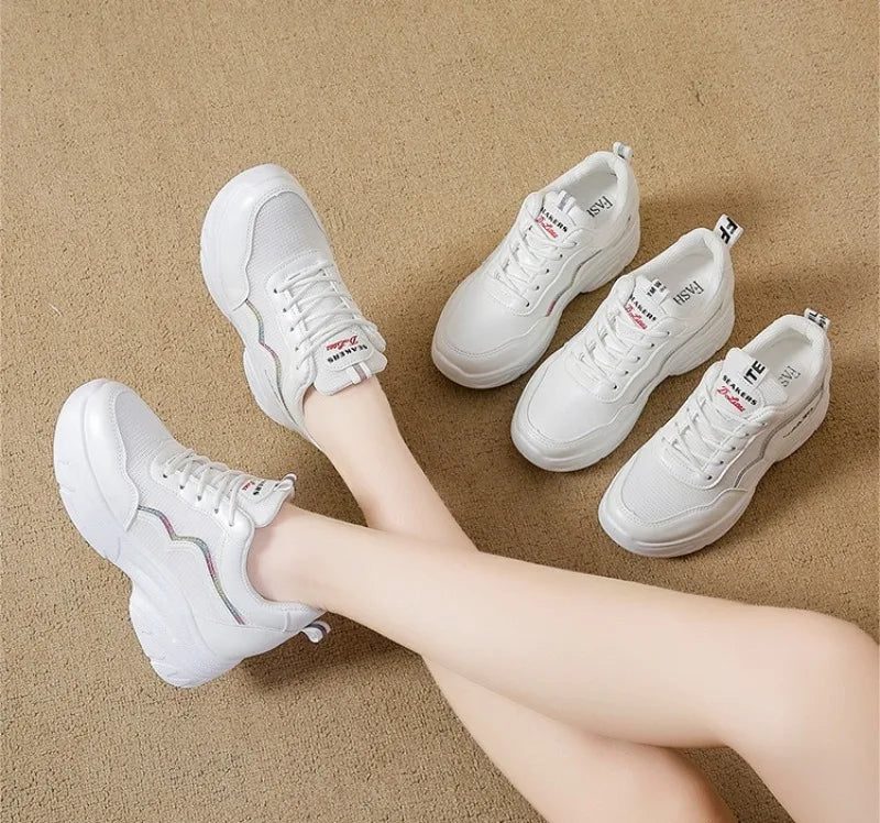 Spring/Autumn New Women's White Platform Vulcanized Shoes Lightweight Women Thick Bottom Leisure Shoes PU Leather Sport Sneakers