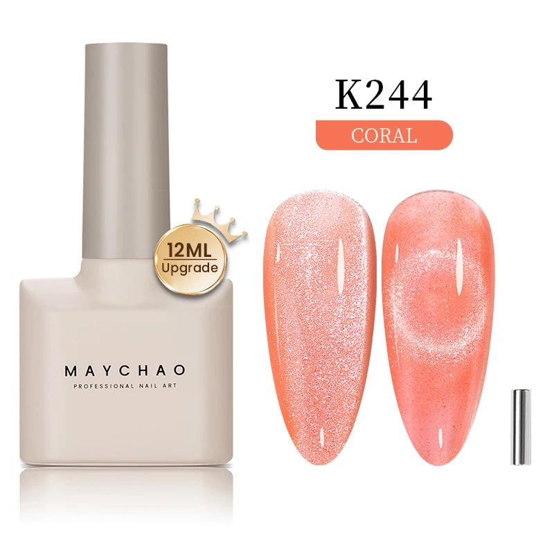 MAYCHAO 12ML Cat Eye Gel Nail Glitter With Magnet Soak off UV Holographic Magnetic Rainbow Gel Polish for Nail Art DIY Manicure