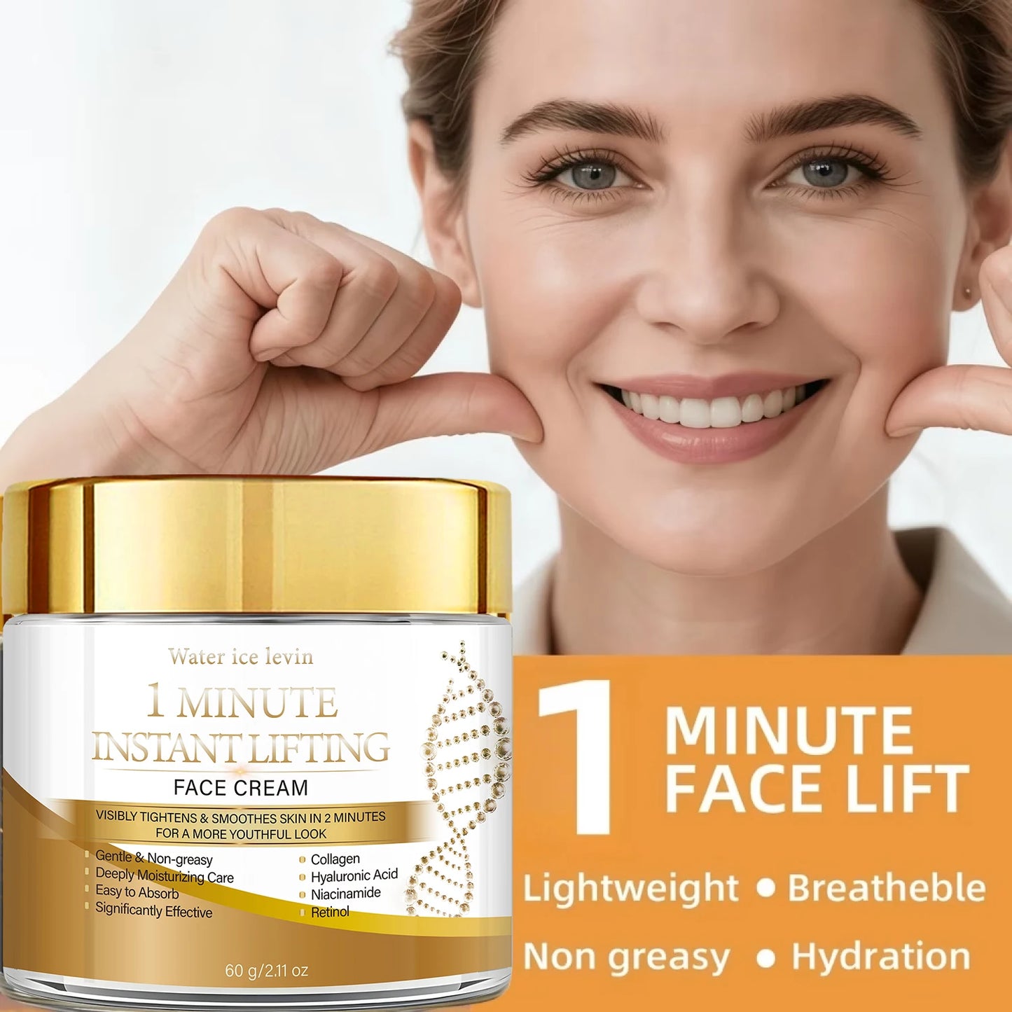 Water Ice Levin 1 Minute Instant Lifting Face Cream Collagen Hyaluronic Acid Niacinamide Retinol Moisturizing Firming Anti Aging