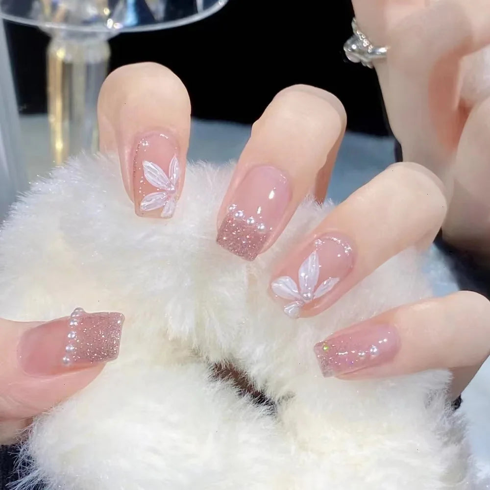 24Pcs+tools sea blue fake nails 3D moon rhinestones press on nails long coffin wearable false nail full cover luxury nails patch