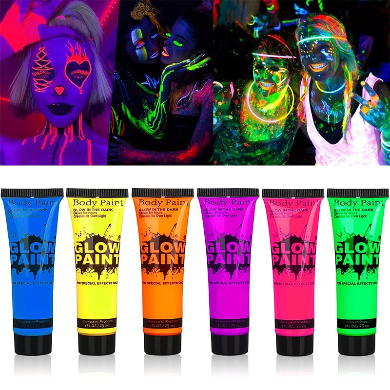 6PCS 25ml Fluorescent Paint Glow In The Dark Light Body Paint Face Painting for Party Halloween Event Makeup Club Makeup Xmas Gl