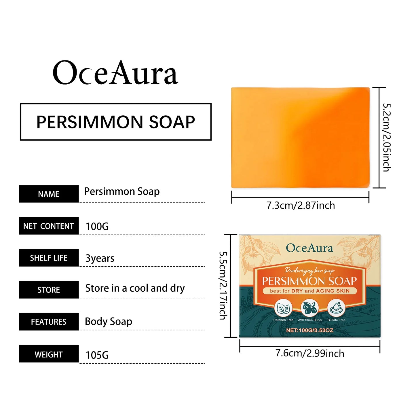 OceAura Persimmon Soap Bar for Body Odor Control Deodorant Professional Skin Cleaning Goat Milk Body Wash Persimmon Shower Gel