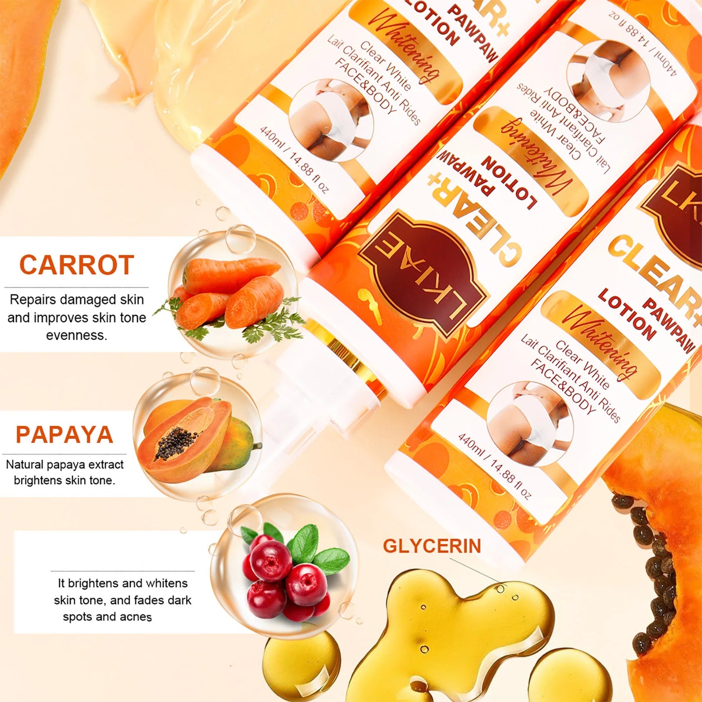 LKIAE Whitening Women Set, With Vitamin C, Natural Papaya, Carrot, Remove Dark Spots, Melanin, Skin Moisturizer, Hydrating