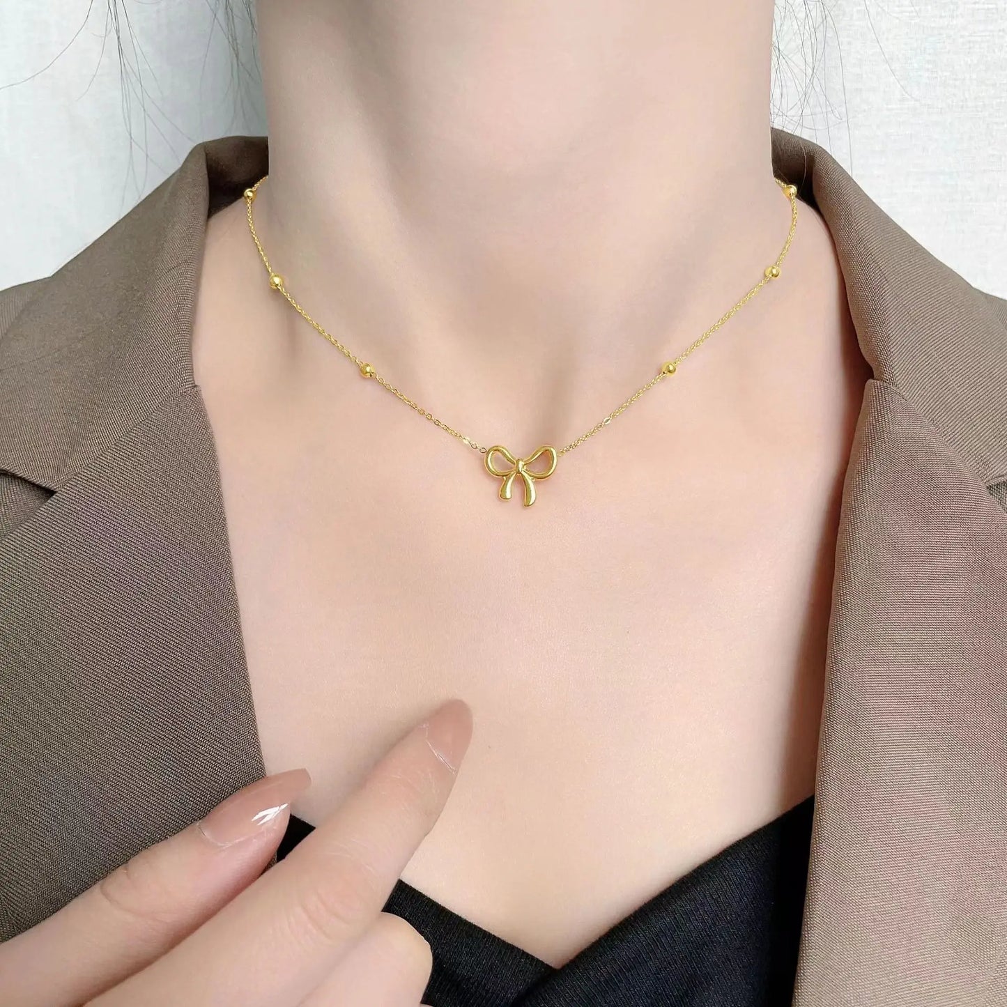 Simple Korean Stainless Steel Bowknot Necklace For Women Girls Delicate Bracelets Charm Choker Earrings Fashion Jewelry Set Gift