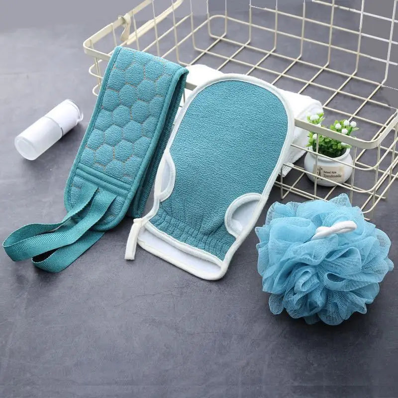 3 Colors Three-piece Bath Set, Rub Bath and Bath Artifact, Household Long Rub Back Towel, Bath Gloves, Bath Flower Set