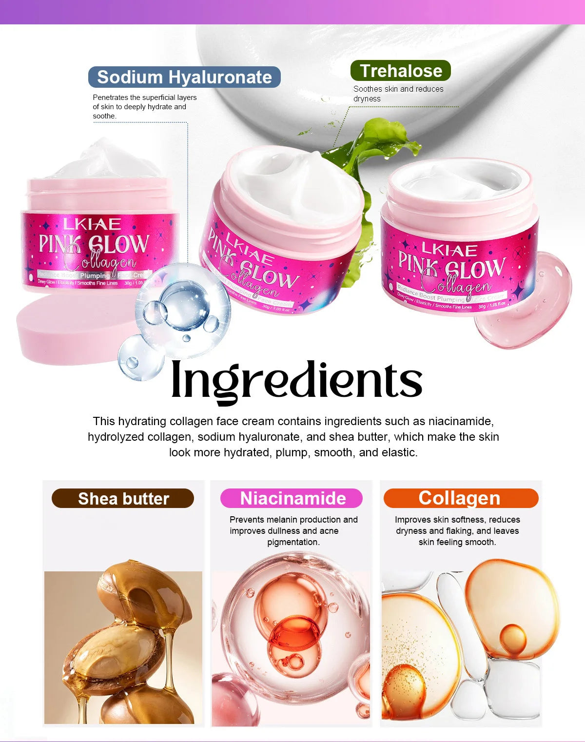 LKIAE Pink Glow Women Facial Cream, Brightening, With Shea Butter, Niacinamide, Collagen, For All Skin, Even Sensitive Skin