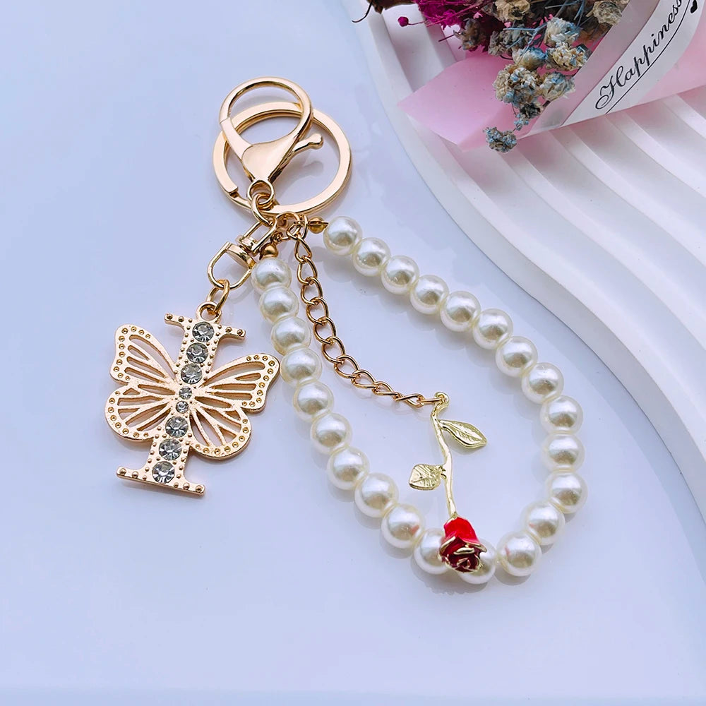 Exquisite Initial A-Z 26 Butterfly Capital Letters Red Rose Keyring Crystal Resin Pearl Beaded Keychain Bag Pendant Women Gift