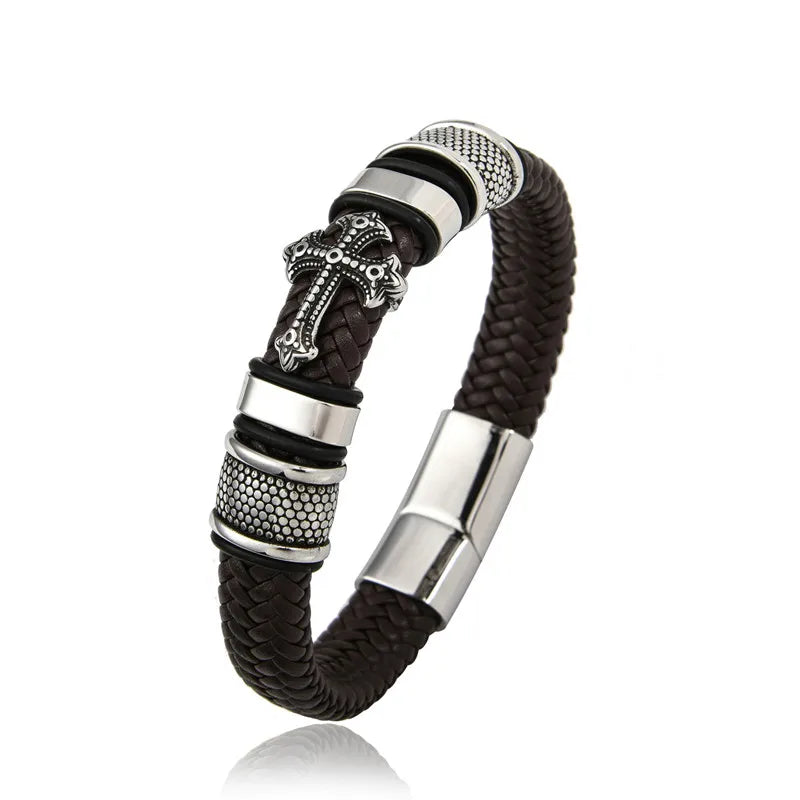 MKENDN Punk Style Stainless Steel Cross Leather Bracelet Men Charm 16 Strand Woven Leather Bracelet Magnet Clasp Boyfriend Gifts